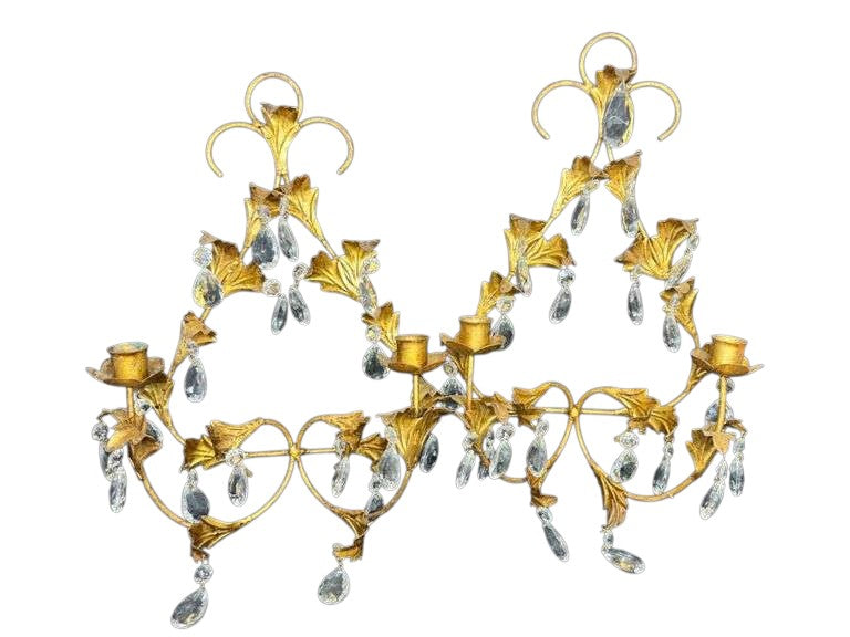 Vintage Florentine Candle Sconce Gold Gilt Leaf crystal teardrops a pair