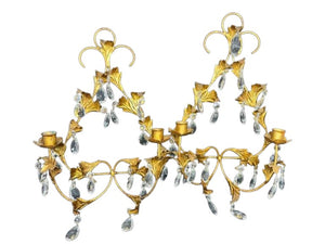 Vintage Florentine Candle Sconce Gold Gilt Leaf crystal teardrops a pair