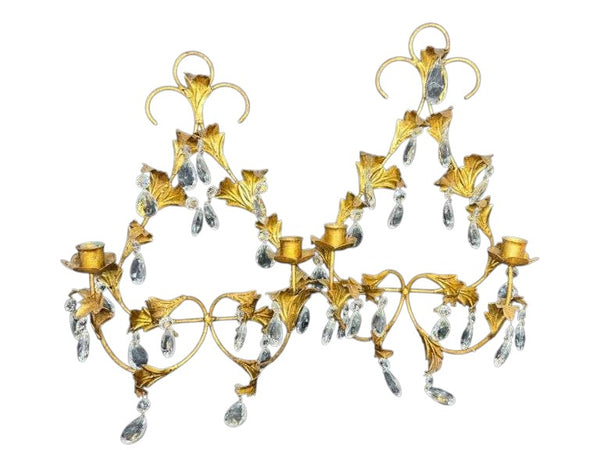 Vintage Florentine Candle Sconce Gold Gilt Leaf crystal teardrops a pair