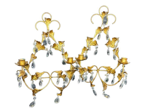 Vintage Florentine Candle Sconce Gold Gilt Leaf crystal teardrops a pair