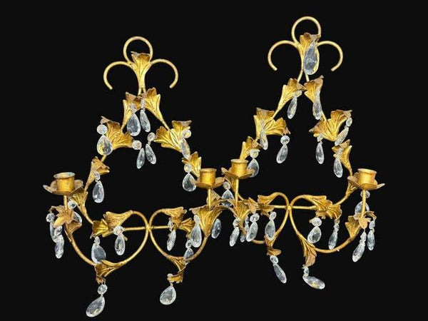 Vintage Florentine Candle Sconce Gold Gilt Leaf crystal teardrops a pair