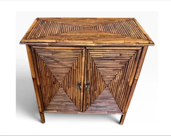 Vintage Split Bamboo & Rattan Two-Door Accent Cabinet Pencil Reed
