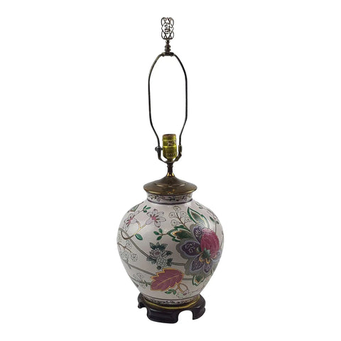 Ethan Allen Floral Wooden Base Brass Porcelain Ginger Jar Table Lamp