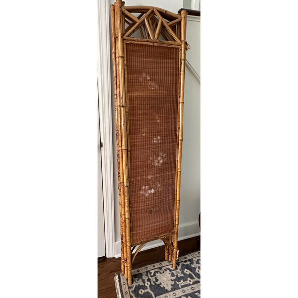 Hand Painted 4 Panel Burnt Rattan Chinese Folding Screen