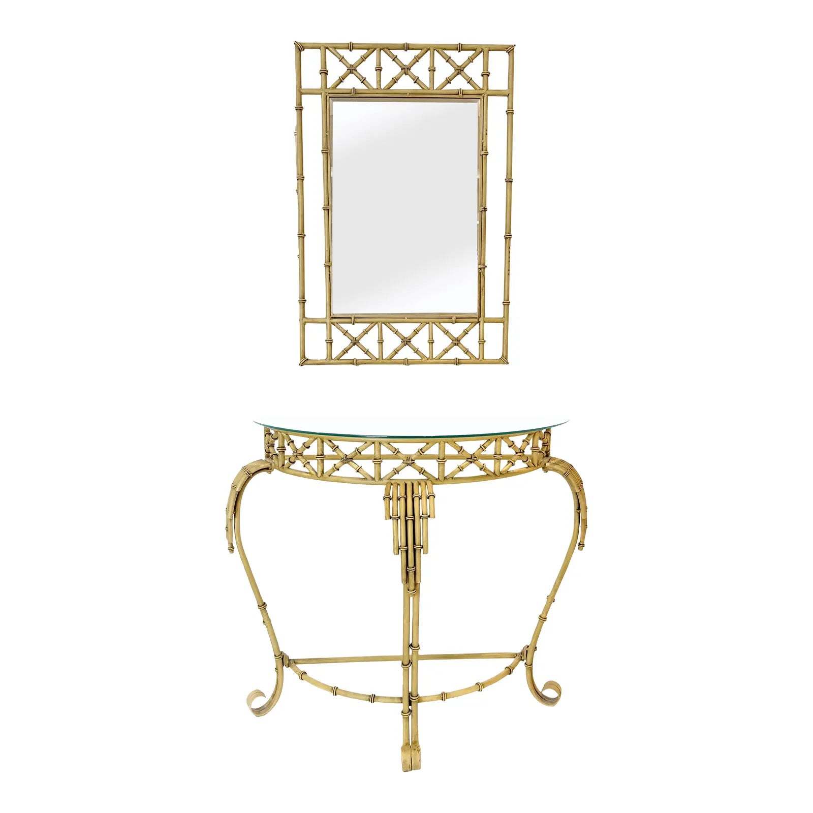 Hollywood Regency Faux Bamboo Demilune Entry Console Table with Mirror