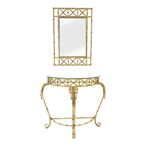 Hollywood Regency Faux Bamboo Demilune Entry Console Table with Mirror