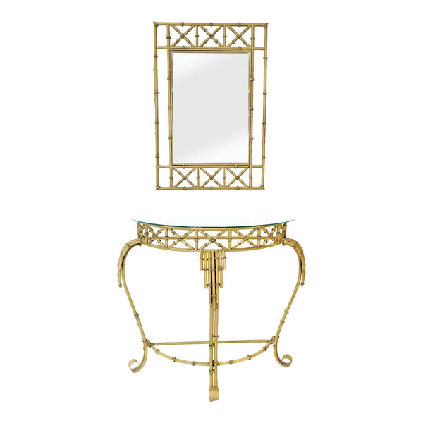 Hollywood Regency Faux Bamboo Demilune Entry Console Table with Mirror