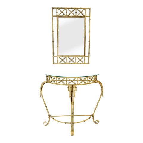 Hollywood Regency Faux Bamboo Demilune Entry Console Table with Mirror