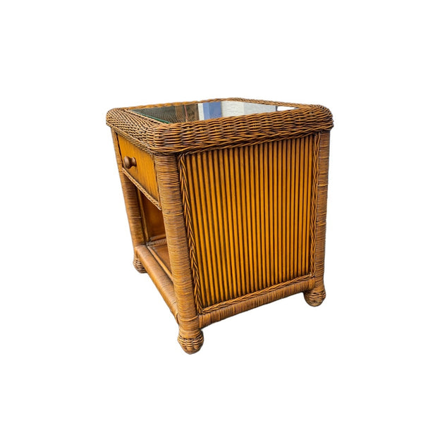 Vintage Coastal Boho Chic Woven Wicker Nightstand/ End table