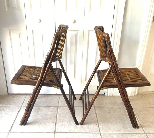 Tortoise shell burnt bamboo folding chairs vintage