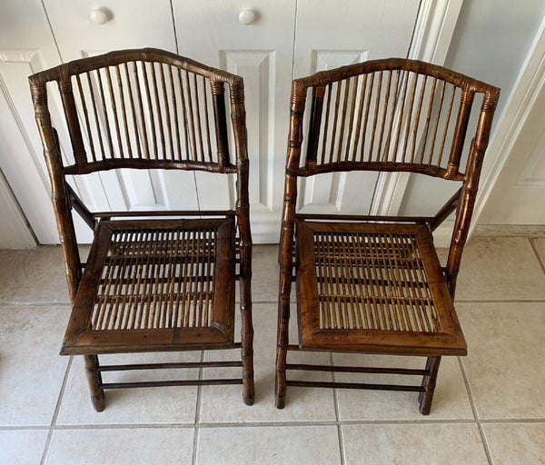 Tortoise shell burnt bamboo folding chairs vintage