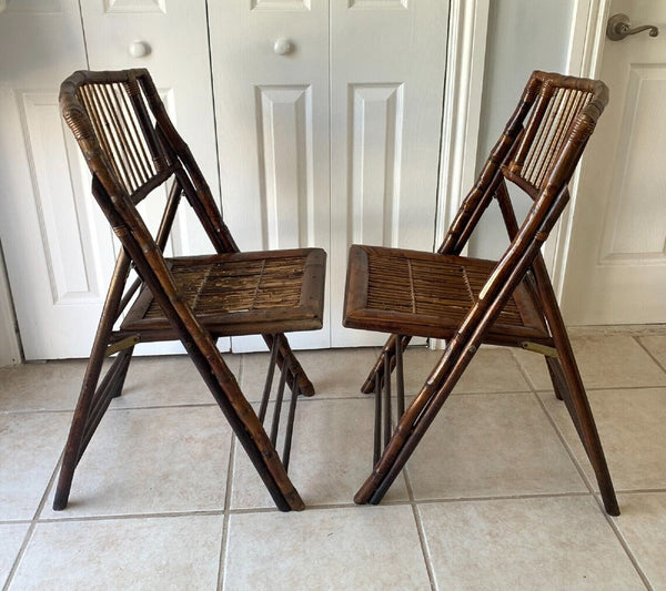 Tortoise shell burnt bamboo folding chairs vintage