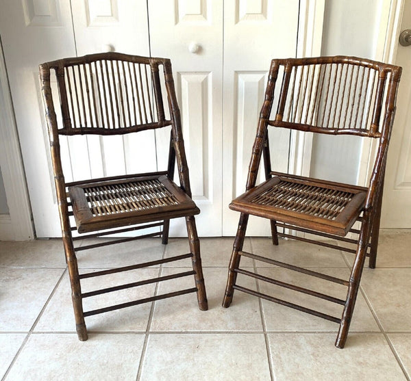 Tortoise shell burnt bamboo folding chairs vintage