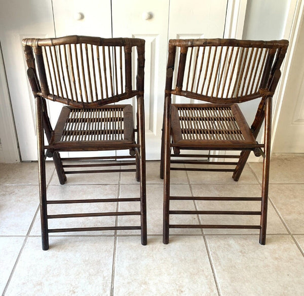 Tortoise shell burnt bamboo folding chairs vintage