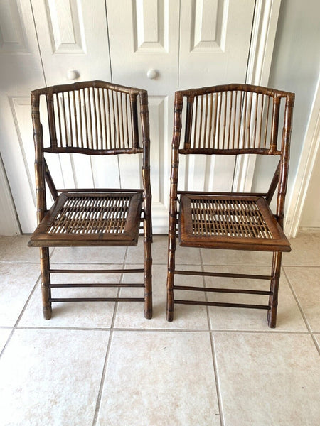 Tortoise shell burnt bamboo folding chairs vintage