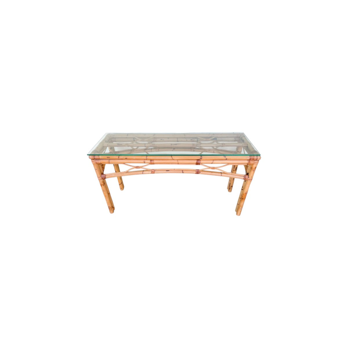 Rattan Burnt Bamboo Console Sofa Rattan Table Vintage Hollywood Regency Palm Beach