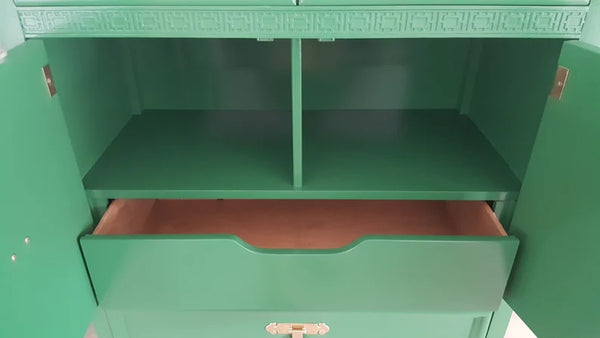 Dixie Shangri La Fretwork Four Drawer Door Chest Armoire Green Vintage Shipping NOT Included