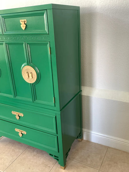 Dixie Shangri La Fretwork Four Drawer Door Chest Armoire Green Vintage Shipping NOT Included