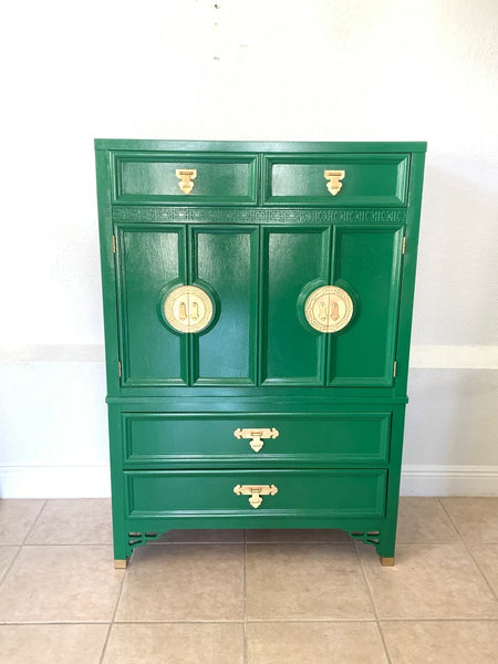 Dixie Shangri La Fretwork Four Drawer Door Chest Armoire Green Vintage Shipping NOT Included