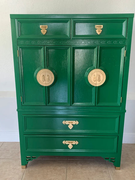 Dixie Shangri La Fretwork Four Drawer Door Chest Armoire Green Vintage Shipping NOT Included