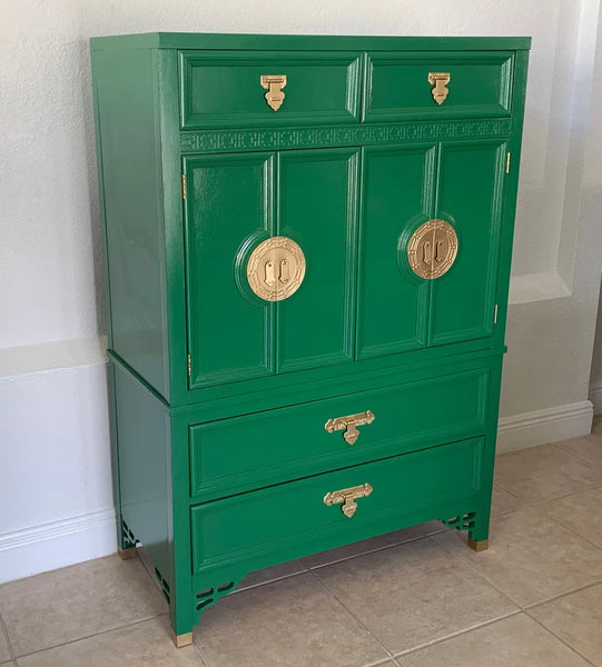 Dixie Shangri La Fretwork Four Drawer Door Chest Armoire Green Vintage Shipping NOT Included