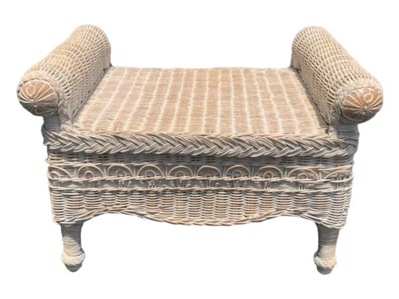 Wicker and wood Vanity desk stool Scrolled Arms