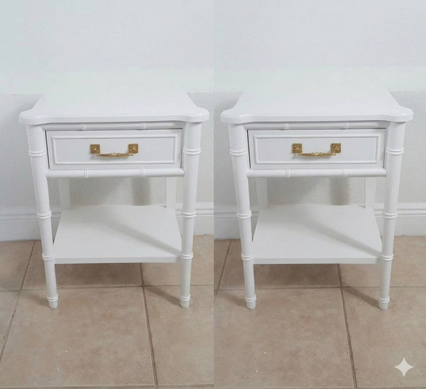 Henry Link Faux bamboo vintage pair of nightstands Hollywood Regency Bali Hai White