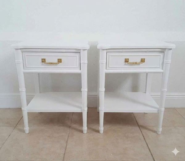 Henry Link Faux bamboo vintage pair of nightstands Hollywood Regency Bali Hai White