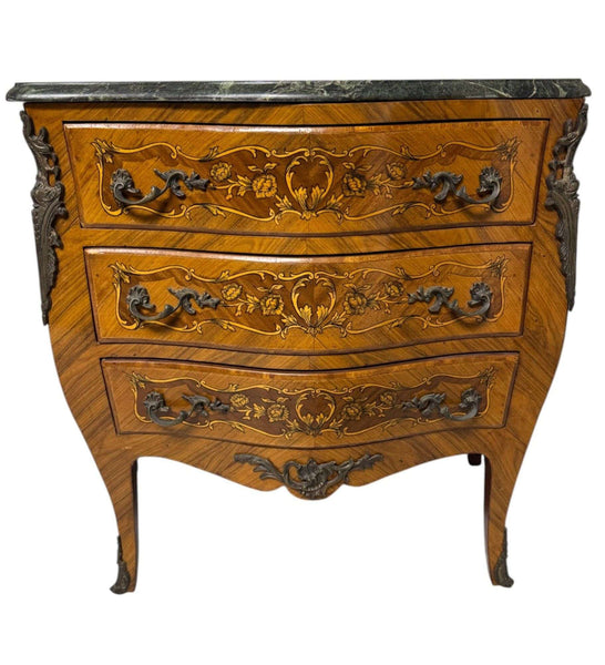 Pair of Marquetry French Bombe Inlaid Chests of 3 Drawers, Louis XV with marble top