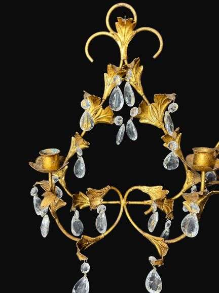 Vintage Florentine Candle Sconce Gold Gilt Leaf crystal teardrops a pair