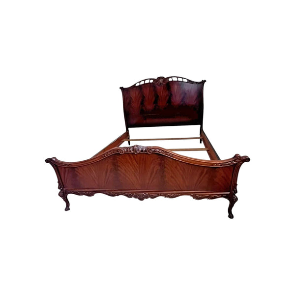 Vanleigh Attributed Early 1900s Flame Mahogany Carved bed Louis XV Style