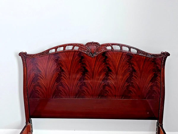 Vanleigh Attributed Early 1900s Flame Mahogany Carved bed Louis XV Style