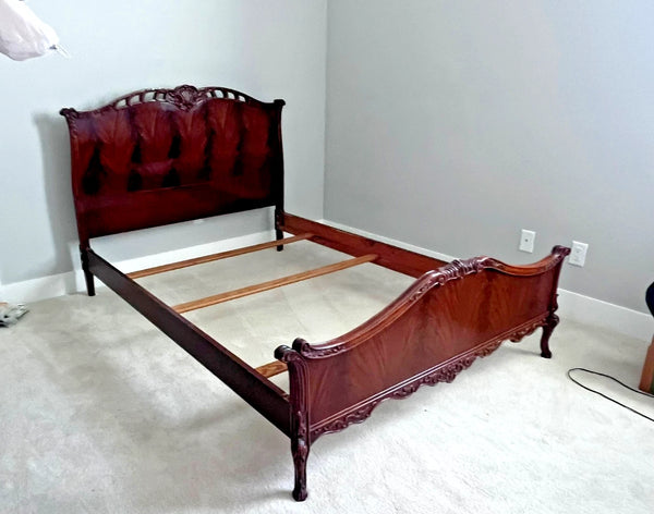 Vanleigh Attributed Early 1900s Flame Mahogany Carved bed Louis XV Style