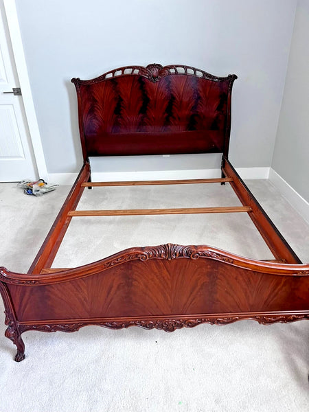 Vanleigh Attributed Early 1900s Flame Mahogany Carved bed Louis XV Style