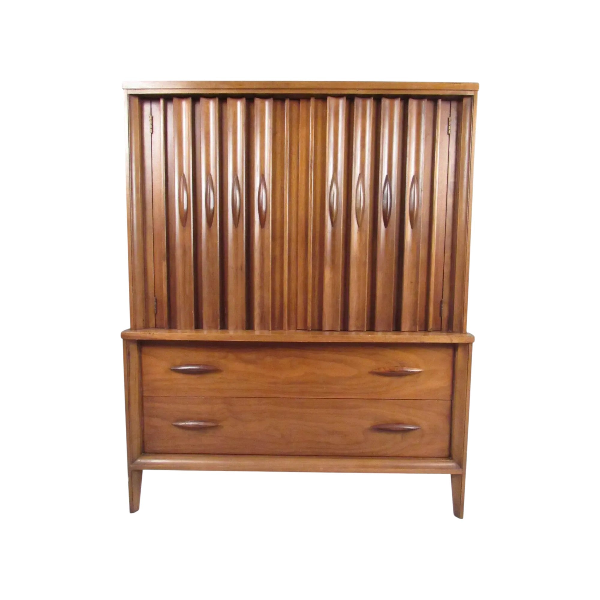thomasville mid century modern dresser Thomasville Brutalist Mid Century Walnut Armoire, Chest Highboy Dresser, with diamond shaped handles