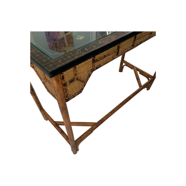 Chinoiserie Burnt Bamboo with hand painted lacquered top writing desk table