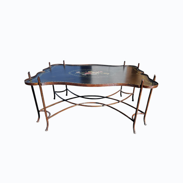 Vintage Gilded Iron Faux Bois Coffee Table with Tole Floral Painted Tray Style Top