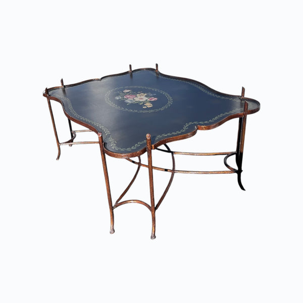Vintage Gilded Iron Faux Bois Coffee Table with Tole Floral Painted Tray Style Top