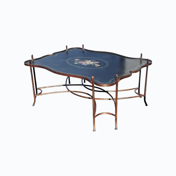 Vintage Gilded Iron Faux Bois Coffee Table with Tole Floral Painted Tray Style Top