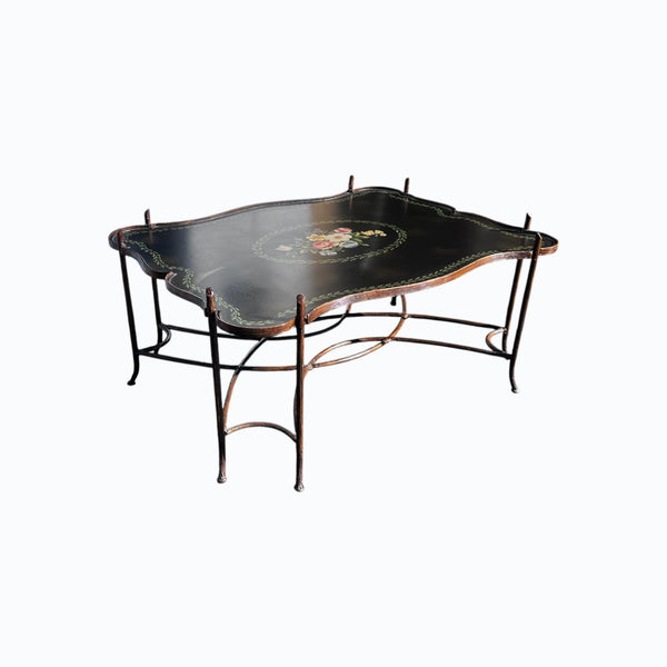 Vintage Gilded Iron Faux Bois Coffee Table with Tole Floral Painted Tray Style Top