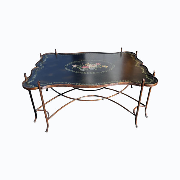 Vintage Gilded Iron Faux Bois Coffee Table with Tole Floral Painted Tray Style Top