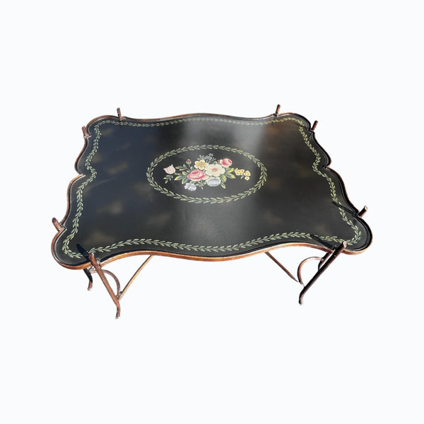 Vintage Gilded Iron Faux Bois Coffee Table with Tole Floral Painted Tray Style Top
