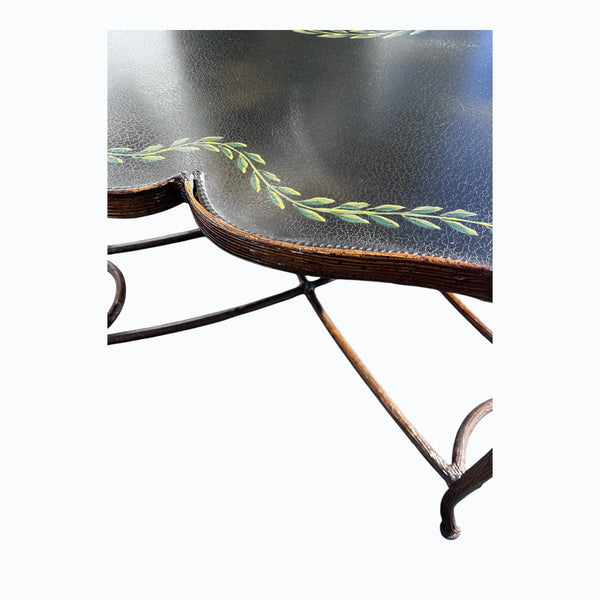Vintage Gilded Iron Faux Bois Coffee Table with Tole Floral Painted Tray Style Top