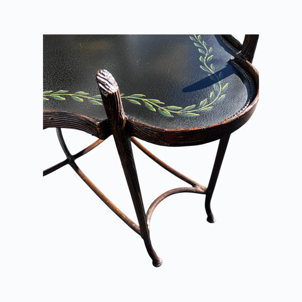 Vintage Gilded Iron Faux Bois Coffee Table with Tole Floral Painted Tray Style Top