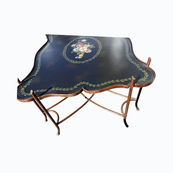 Vintage Gilded Iron Faux Bois Coffee Table with Tole Floral Painted Tray Style Top