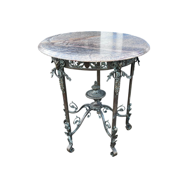 Antique French Louis XIV Style Bronze &amp; Marble Round End Tab
