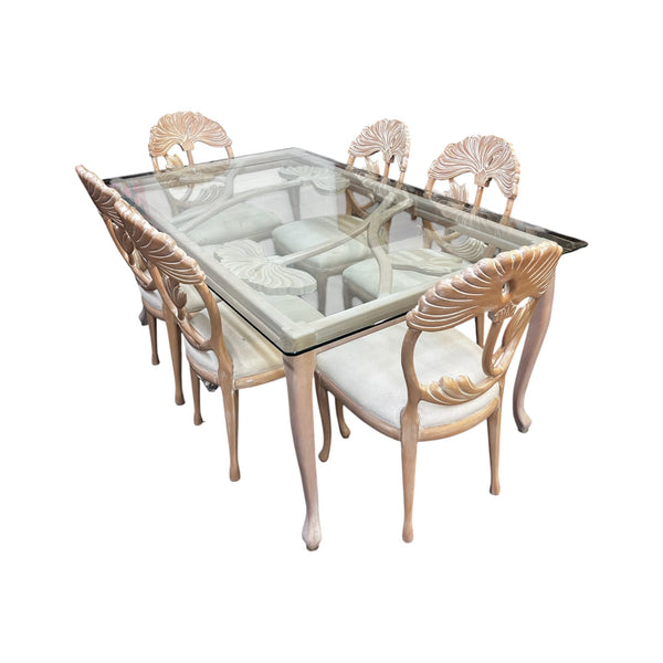 Lime Wash Lotus Floral Carved Dining set In the Manner of Phyllis Morris