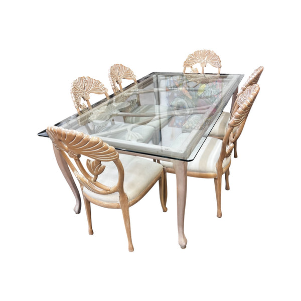 Lime Wash Lotus Floral Carved Dining set In the Manner of Phyllis Morris