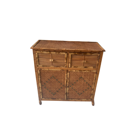 Burnt Bamboo and Cane Coastal Woven Rattan Cabinet