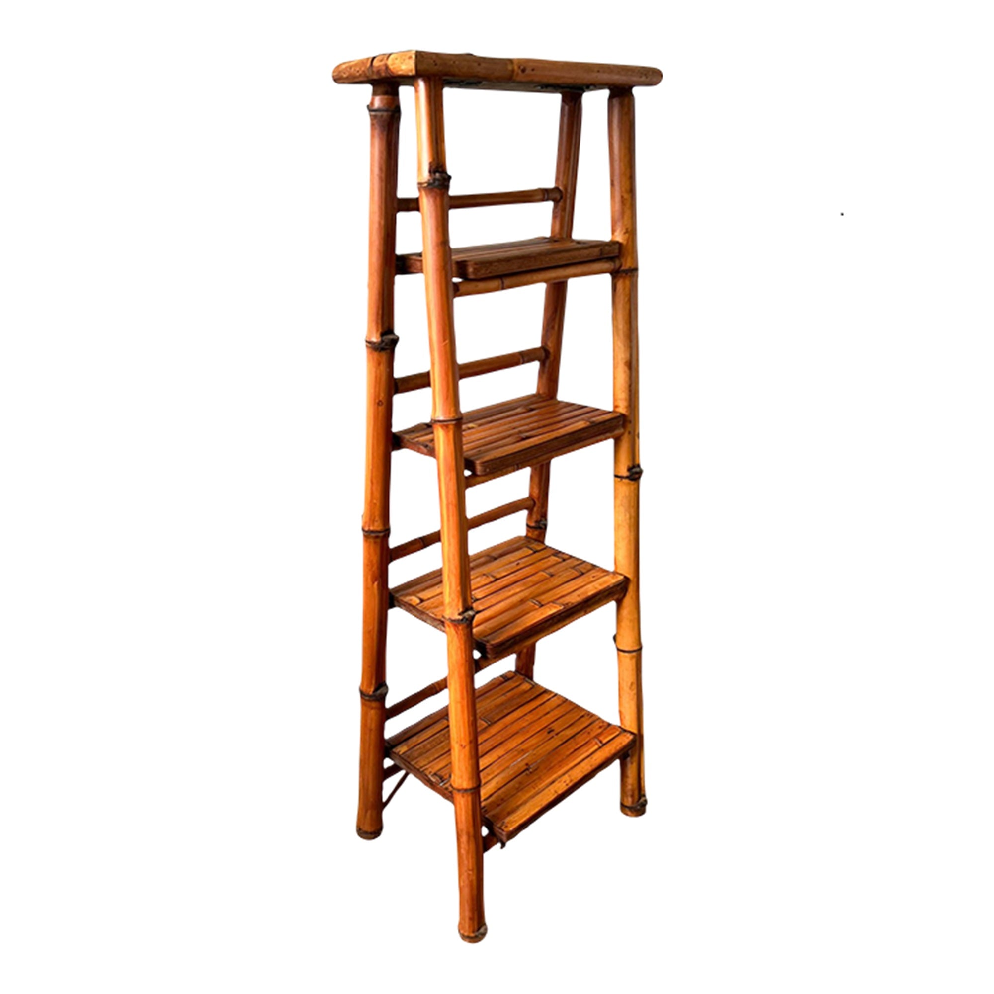 Vintage Bamboo Folding Etagere Folding Ladder Shelves